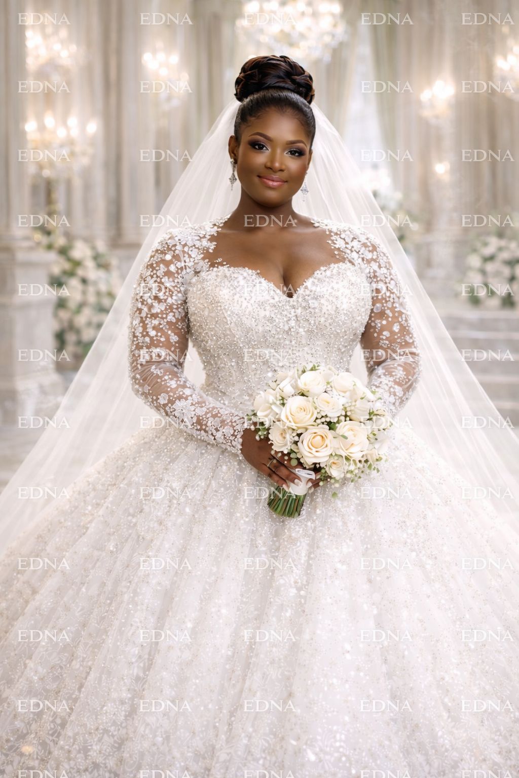 Luxury Long-Sleeve Pearl Wedding Gown