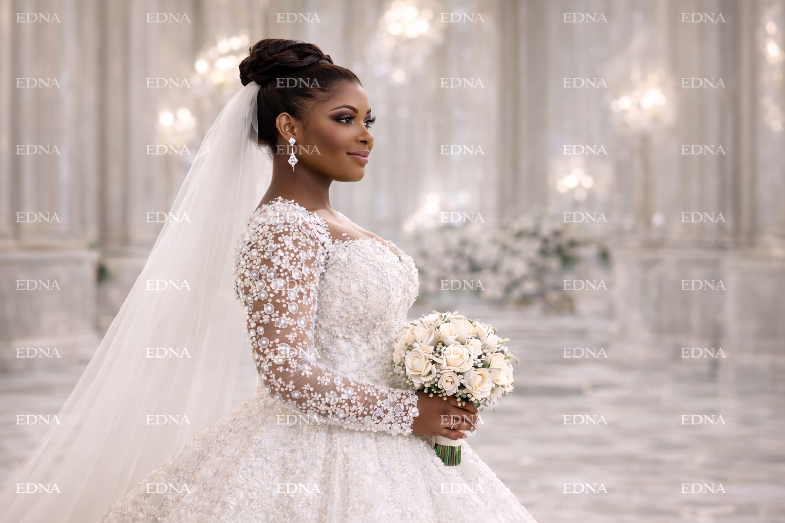 Luxury Long-Sleeve Pearl Wedding Gown